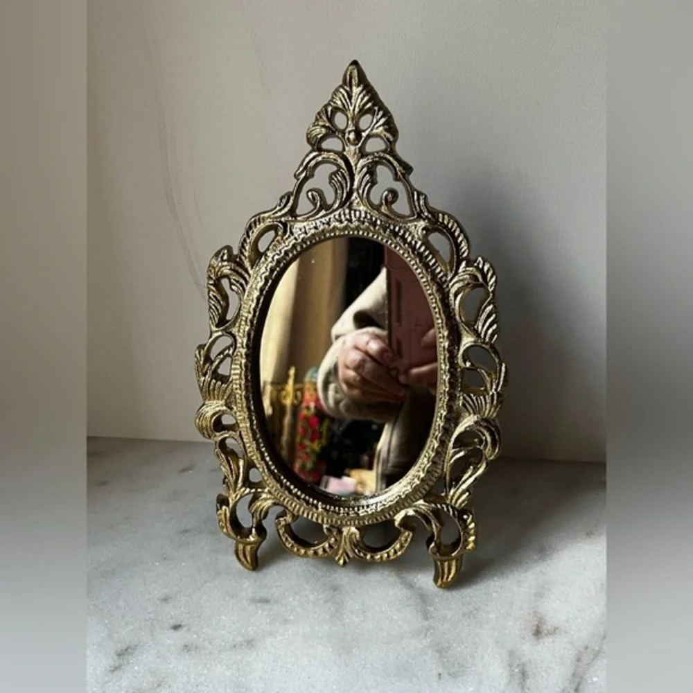 Ornate Vanity Mirror Oval metal Frame Scrollwork Tabletop Stand..